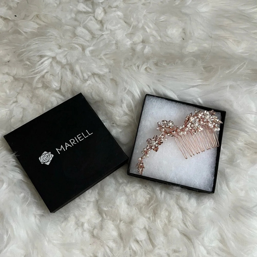 Mariell Brushed Rose Gold and Ivory Pearl Wedding Comb